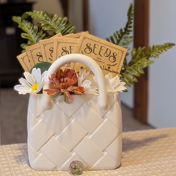 Handmade Other - White Ceramic Purse Planter Seed Arrangement
